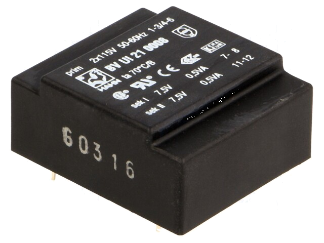 Transformator: ingegoten; 1VA; 115VACx2; 7,5V; 7,5V; 67mA; 67mA; PCB Transformator: ingegoten; 1VA; 115VACx2; 7,5V; 7,5V; 67mA; 67mA; PCB